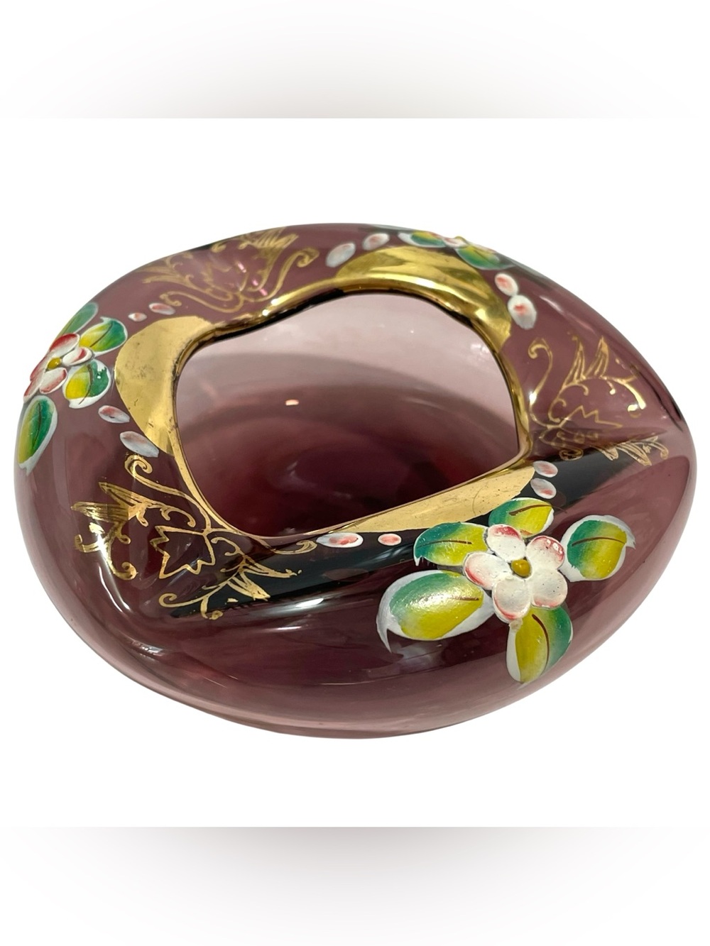 Vintage 1950s Bohemia Enamel Gilded Amethyst Glass Ashtray - Hand Decorated